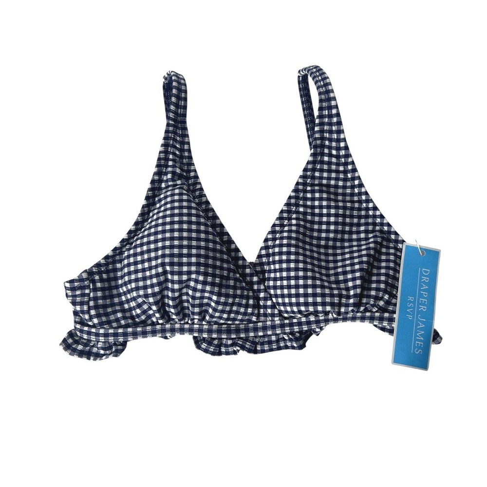 Draper James RSVP Navy White Gingham Seersucker Ruffle Triangle Bikini Top S NEW